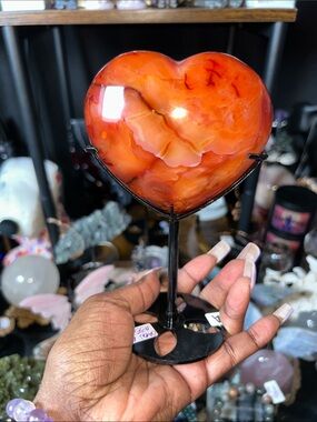 Polished Carnelian Agate Heart Gemstone w/Metal Stand - PRICE VERY FIRM